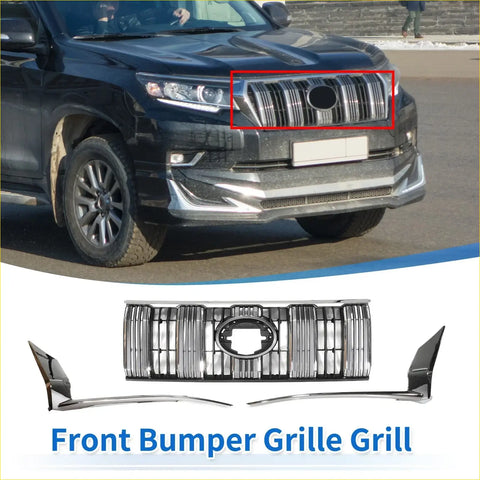 Chrome front upper bumper grille with vertical slats and central oval emblem cutout for toyota land cruiser prado 2017-2020
