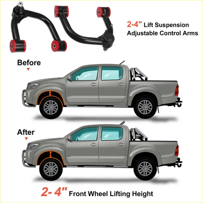Black adjustable front upper control arms with red end caps for 2-4 inch lift on 2003-2022 toyota 4runner