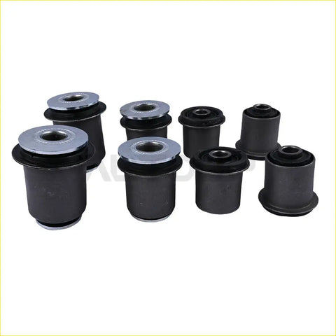 Front upper and lower control arm bushings for toyota tundra sequoia black rubber with silver metal inserts arranged in a set