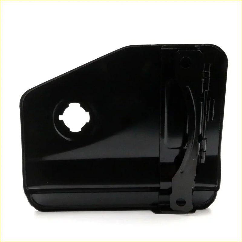 Black plastic fuel door cover for nissan hardbody pathfinder 1985-1999 showing back with hinge and camera cutout