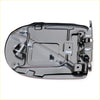 Black metal motorcycle seat base with molded contours and mounting hardware shown from the back side