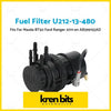 Black plastic fuel filter u212-13-480 with multiple tubing ports and gray connector for mazda bt50 ford ranger 2011-on back view