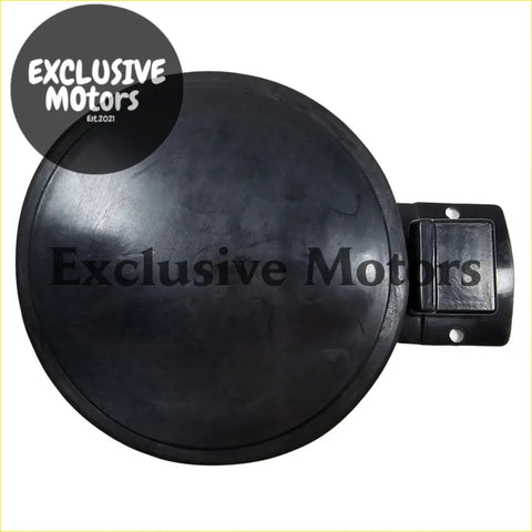 Black circular fuel flap for Holden Commodore VT VX VY VZ with hinged latch mechanism shown from the back side