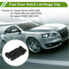 Black plastic fuel gas tank door spring clip hinge for Toyota Sienna 2004-2020 shown from back side