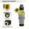 Yellow and silver fuel injector with black o-ring for toyota rav4 sxa1 3sge 1989-1999 shown from front view