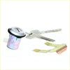 Silver cylindrical ignition lock cylinder with black rubber seal and matching keys for datsun nissan 620 fuel lid lock