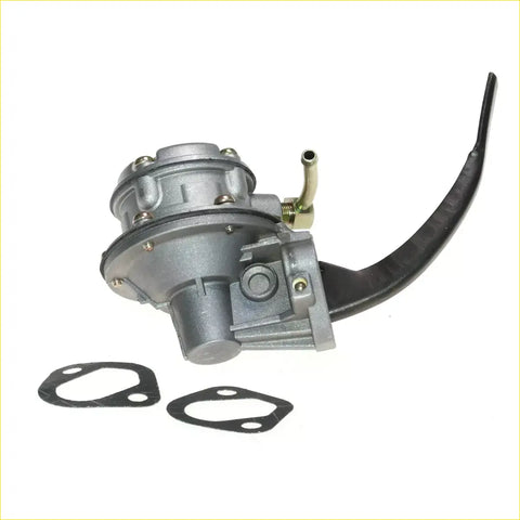 Silver metallic fuel pump 1.6L with black rubber hose and brass fittings for 1979-1981 Nissan Datsun Bluebird Van
