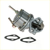 Gray metallic fuel pump assembly with two threaded ports and spring valve for nissan datsun sunny b210 back side view