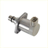 Silver metallic fuel pump pressure regulator suction valve with beige plastic connector and mounting flange