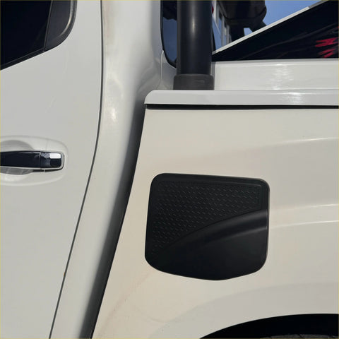 Black textured matte fuel tank cap cover for white nissan navara np 300 truck 2015-2020 shown from back side