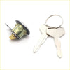 Silver fuel tank gas filler lock cylinder with black rubber top and brass mechanism plus two keys for nissan d21 navara