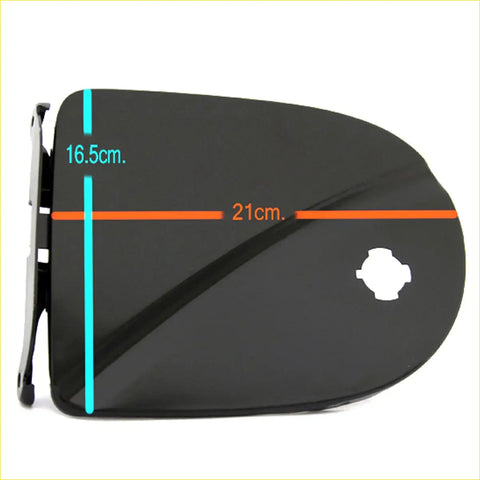 Black glossy plastic car side mirror cover with circular cutout and dimension markings for nissan navara d40 fuel door