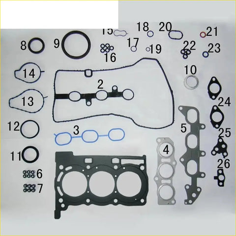 Black rubber gasket set with various shaped seals and metal parts for 1krfe daihatsu sirion peugeot 107 citroen c1 1.0l full set
