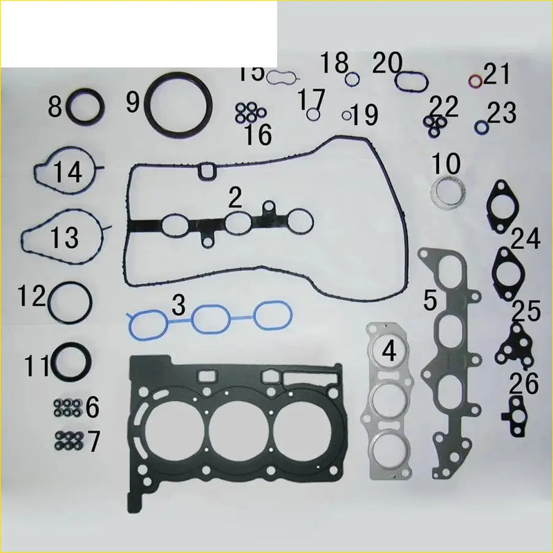Black rubber gasket set with various shaped seals and metal parts for 1krfe daihatsu sirion peugeot 107 citroen c1 1.0l full set