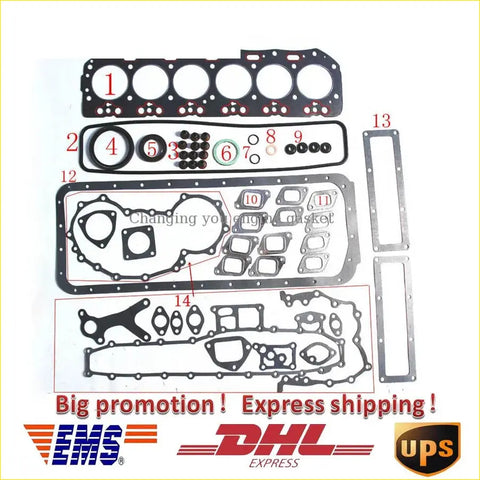 Black rubber gasket set with metallic parts and numbered pieces for toyota land cruiser 4.0 diesel engine assembly