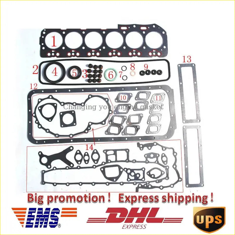 Black rubber gasket set with metallic parts and numbered pieces for toyota land cruiser 4.0 diesel engine assembly