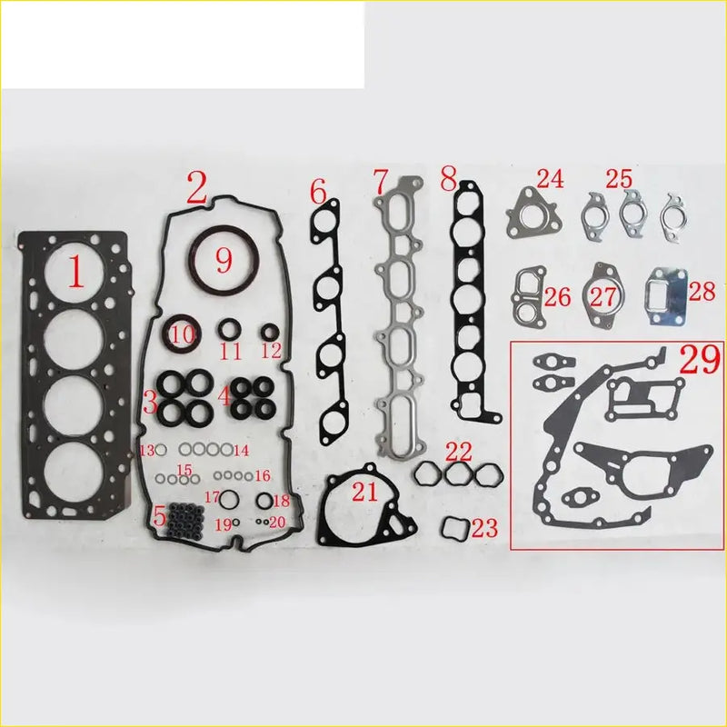Black rubber gasket set with metallic components and variously sized circular seals.
