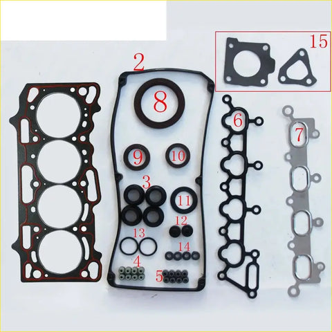 Black rubber gasket set with red accents and metallic parts for gasket pro 4g18 used in mitsubishi lancer ling dohc 1.6l