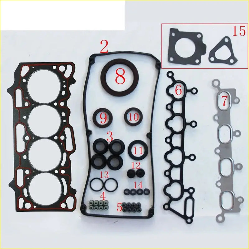 Black rubber gasket set with red accents and metallic parts for gasket pro 4g18 used in mitsubishi lancer ling dohc 1.6l