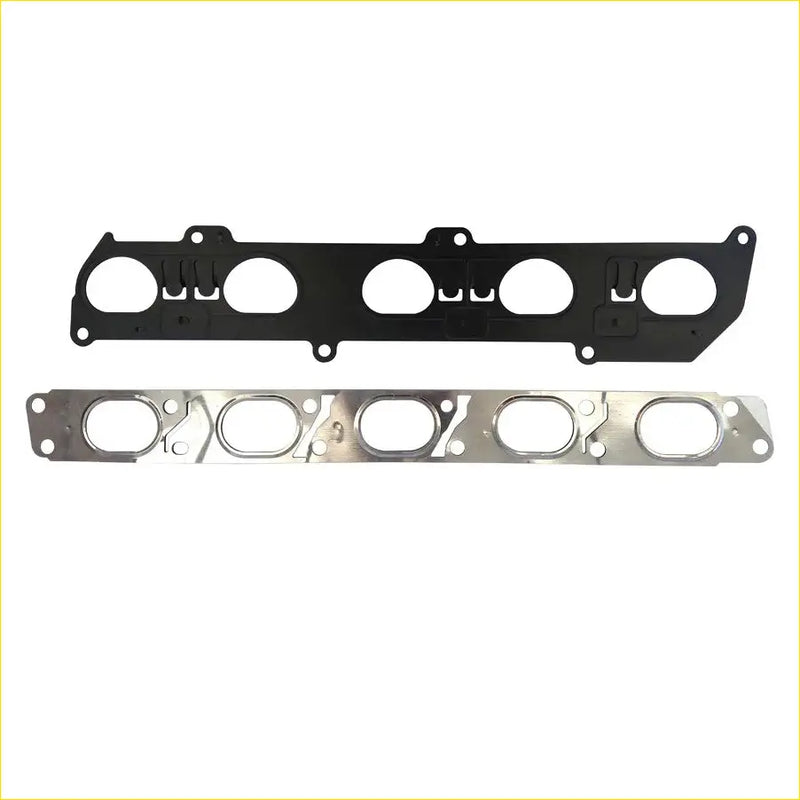 Black and silver engine intake manifold gaskets with circular openings and mounting holes for volvo s40 s80 models