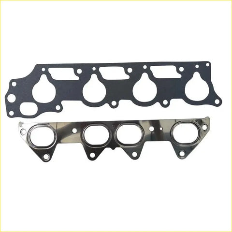 Black rubber gasket with four oval openings and metallic flange paired with chrome exhaust manifold for honda accord cd5