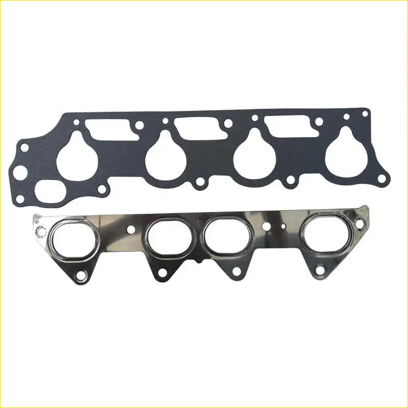 Black rubber gasket with four oval openings and metallic flange paired with chrome exhaust manifold for honda accord cd5