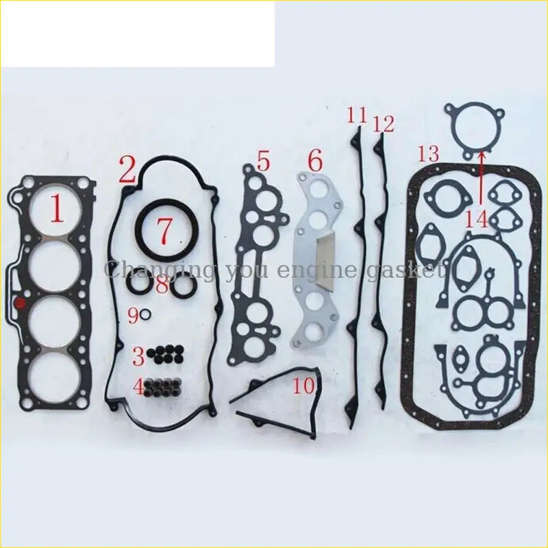 Black rubber engine gasket set with metallic parts and labeled components for mazda 626 capella b2000 e2000 fe f8 full set