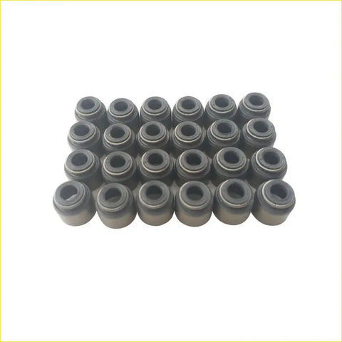 Set of 24 black metallic valve stem oil seals for nissan teana 35l 24v vq35de arranged in a grid pattern