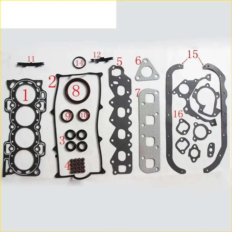 Black rubber gasket set with metallic parts and numbered pieces for daihatsu applause and charade engine assembly