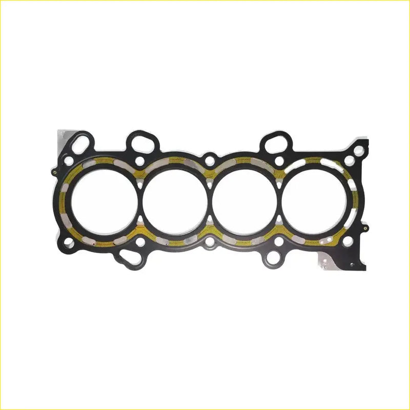 Black metal cylinder head gasket with four circular openings and yellow sealing strips for honda accord cm5 k24a4