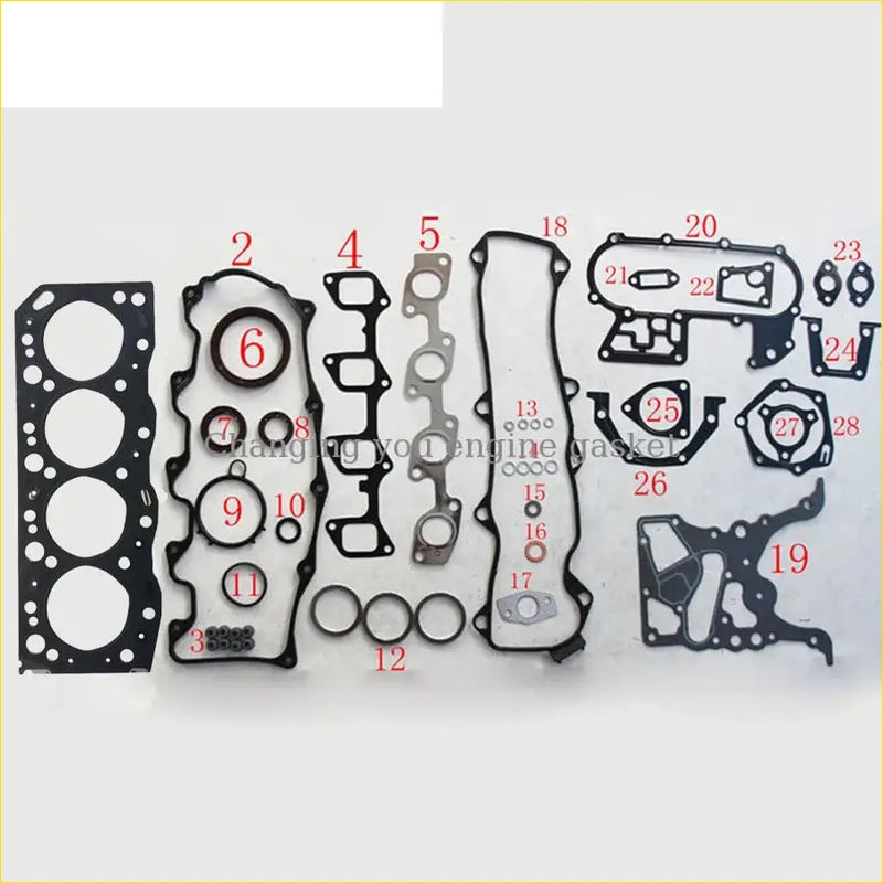 Black rubber engine gaskets with metal parts and numbered labels for gasket pro toyota mark ii saloon 2.4 td 2lt full set