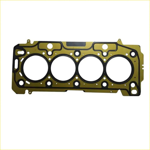 Gold-colored metal cylinder head gasket with four circular openings and black sealing rings for peugeot engines