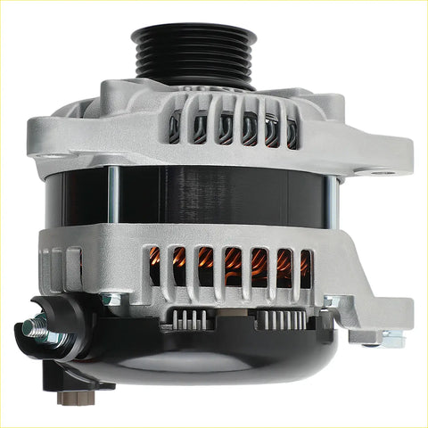 Silver and black aluminum generator alternator with cooling fins and copper windings for ford truck f-150 v8 5.0l 2011-2014