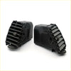 Black plastic motorcycle side cases with ribbed slatted design and textured knobs shown from the back side