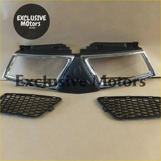 Black plastic front grille for mitsubishi triton l200 2010-2014 with chrome headlight bezels and honeycomb mesh inserts