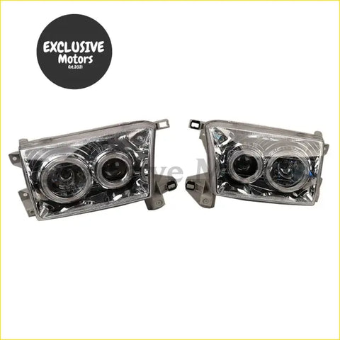 Pair of chrome halo led headlights with dual-ring clear lens and black inner rings for toyota hilux surf kzn185