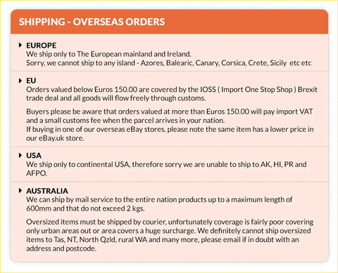 Shipping policy info for head gasket and bolts for wrangler covering europe eu usa and australia overseas orders