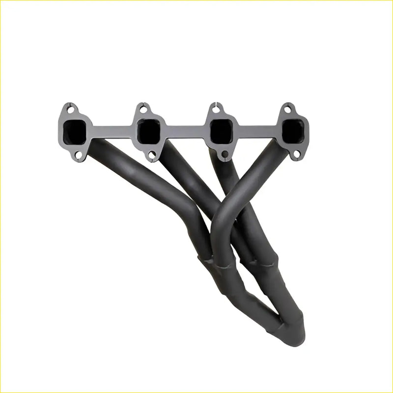 Black aftermarket exhaust manifold header with four cylindrical ports and metallic bracket for toyota landcruiser bj40 3b diesel