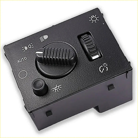 Black plastic headlamp dimmer switch with textured rotary dial and toggle for gmc sierra chevy silverado tahoe