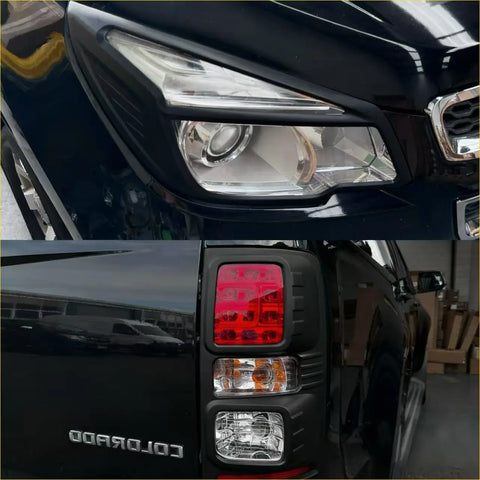 Black colorado pickup truck showing matte headlight covers with sleek led headlights and bold red taillight covers back side