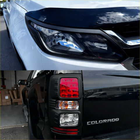 Black matte finish headlight and taillight covers for chevrolet colorado 2016-2020 shown from the back side