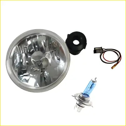 Chrome finished 7 inch round headlight upgrade kit with black rubber gasket and blue h4 halogen bulb included