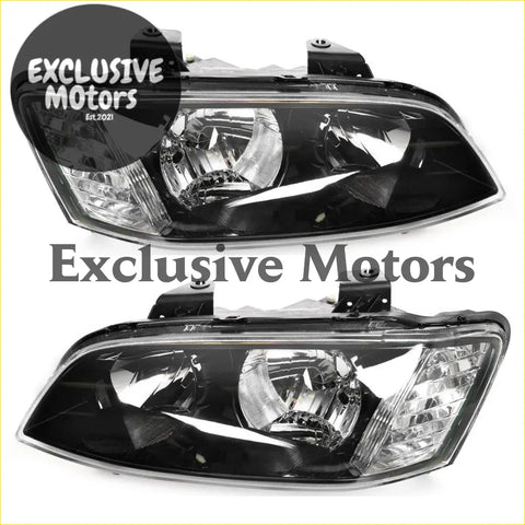 Black plastic headlights with clear lens and chrome accents for holden commodore ve sv6 ss series 2 2010-2013