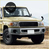 Beige toyota land cruiser 70 with chrome grille and black mesh front bumper showing headlights x2 for lc70 lc76 2007-2015