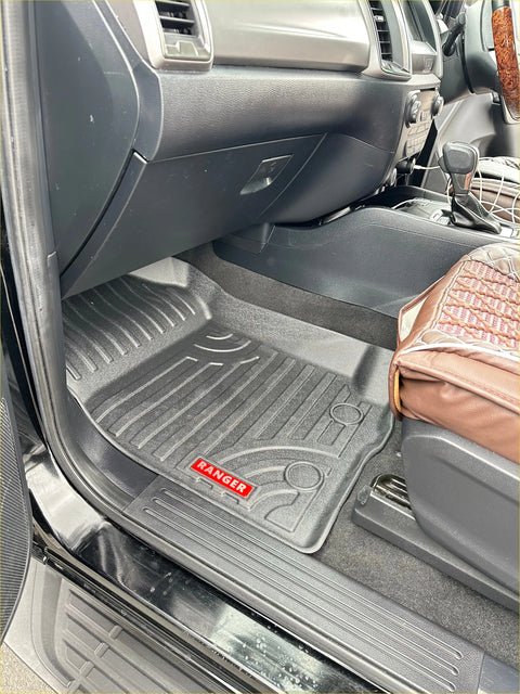Black rubber heavy duty floor mat with red ranger logo and textured grooves for grip ford ranger px1 px2 px3 2012-2021 everest 2015-2021