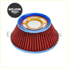 High flow air filter 76mm pod filter with red pleated element, blue metallic rim, and gold-accented central housing