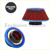 High flow air filter 76mm pod filter with red pleated material, blue rim, and black base for performance engines