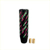 Black cylindrical hks pattern gear knob with vibrant pink and green diagonal streaks and glossy finish