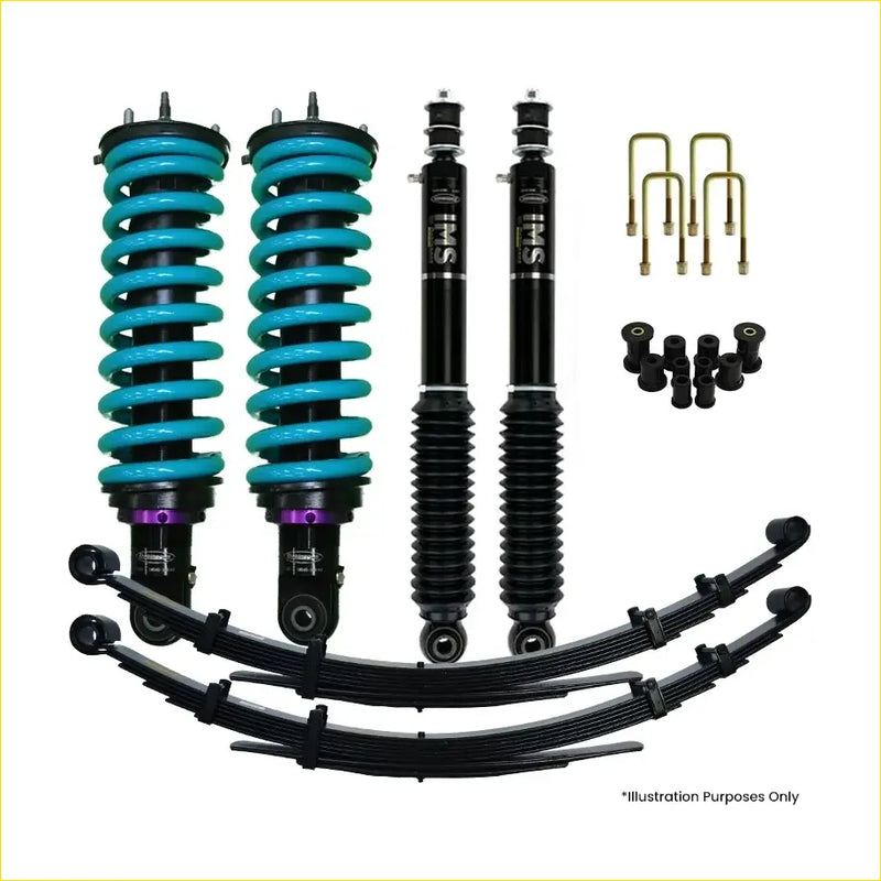 Set of four black and teal coilover shocks with purple accents and matching black leaf springs for holden colorado rg lift kit