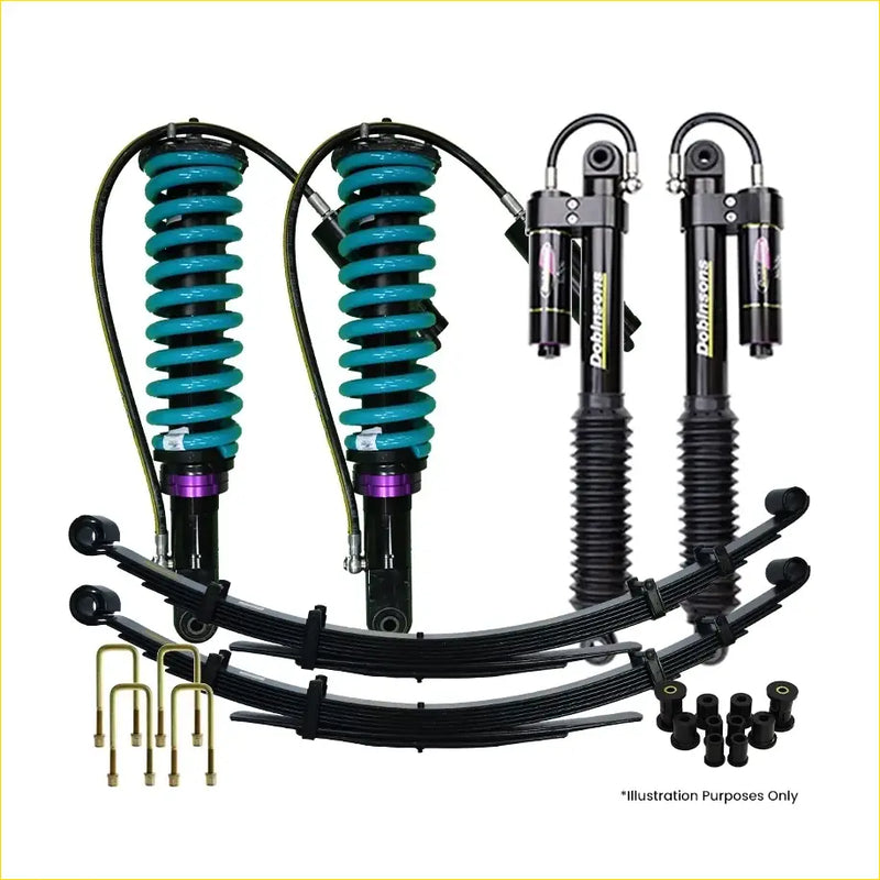 Set of teal and black dobinsons monotube remote reservoir coil-over shocks with purple accents for holden colorado rg